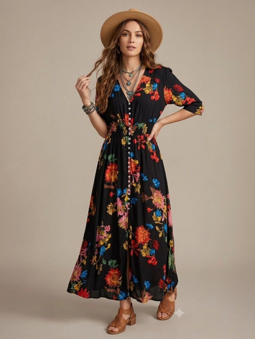 SHEIN Boho Floral Button-Up Maxi Dress